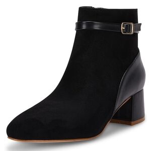 Coutgo Chunky Heel Round Toe Side Zip Metal Buckle Ankle Boots in Black Size 9